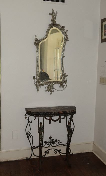 RARE SILVER LEAF WOOD SWAN MIRROR WITH ATTACHED CANDLEABRA
