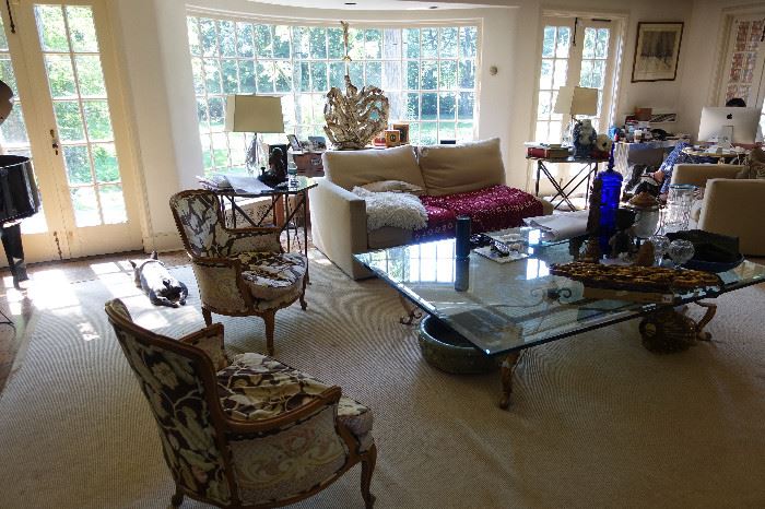 OVERVIEW INCLUDING TWO ANTIQUE FRENCH CHAIRS AND VERY LARGE HEAVY GLASS AND METAL  COFFEE TABLE