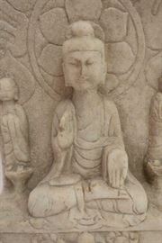 EARLY MARBLE SEATED BUDDHA WITH ATTENDANTS