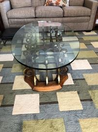 Crazy Cool Brass and glass coffee table with Geometric Rug