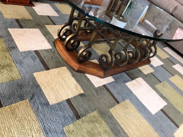 Crazy Cool Brass and glass coffee table with Geometric Rug