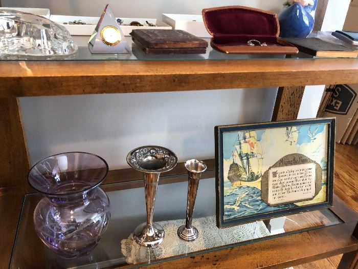 Shelf not for sale but antique silver/silverplate vases are along with other vintage and antique finds