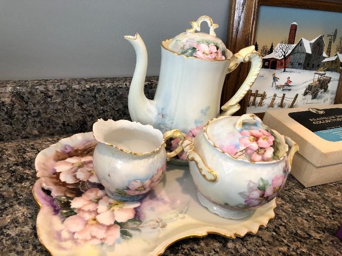 Tea set with tray, creamer and sugar signed M.E. dated 1901 This floral pink tea service is perfect for holiday dessert service.