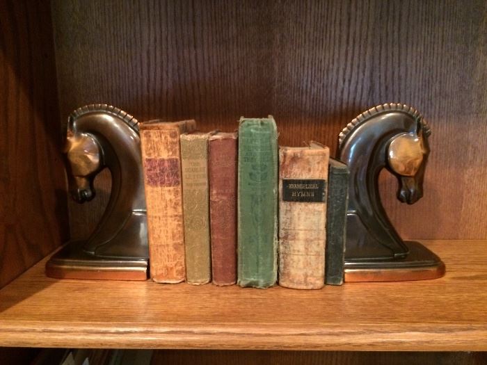 Mid Century Horse Book Ends and Antique books. Great for staging