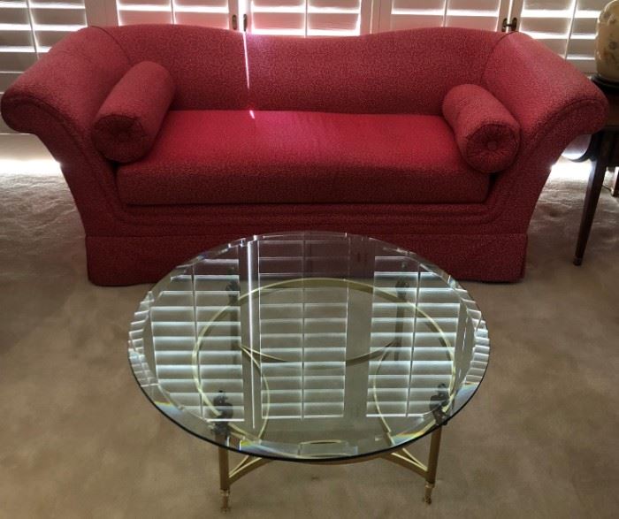 Curved Arm Sofa, Brass and Glass Coffee Table