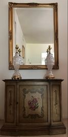 Beveled Gold Framed Mirror, Pair of Crystal/Glass Table Lamps, Stereo Cabinet