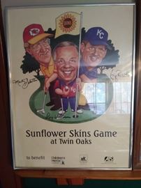 Sunflower skins game at Twin Oaks Framed signed poster .Marty Schottenheimer, Roy Williams, George Brett.