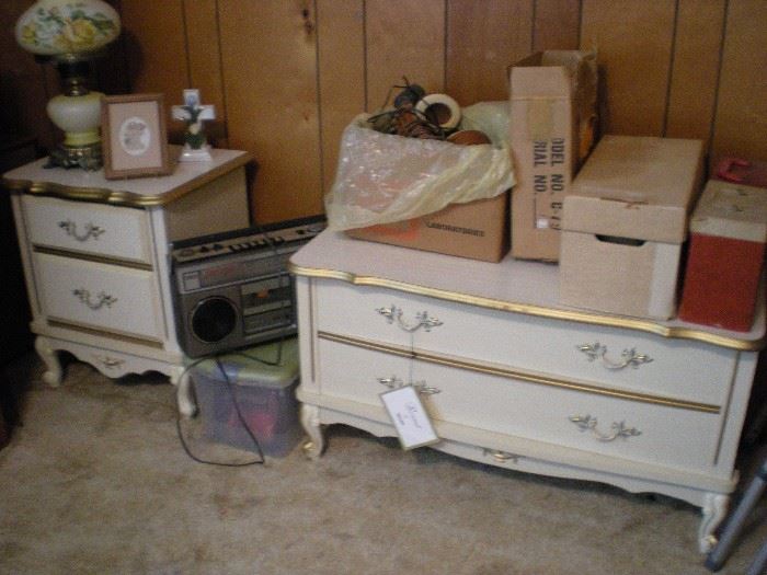 Complete set of french provincial bedroom furniture. Dresser, desk, tall boy dresser, two nightstands, Blanket chest and twin canopy bed.