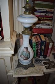 Antique Oil Lamp (matching pair), very rare with a portrait of Napoleon and Empress Josephine on the Milk Glass Bases