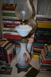 Antique Oil Lamp (matching pair), very rare with a portrait of Napoleon and Empress Josephine on the Milk Glass Bases