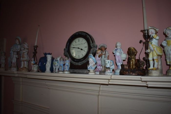 Antiques atop another original Fireplace (1815) with Porcelain Figurines and Beautiful Antique Mantle Clock by Imperial Clock Works (Birmingham, est. 1792)