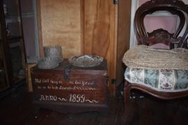 Awesome Antique Trunk complete with German wording and date plus Cut Glass, Victorian Chair and More!