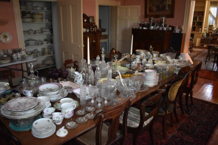 Lovely Antique Dining Table with Matching Chairs! As you can see, the table is "loaded" with Antique China, Glassware and Silver