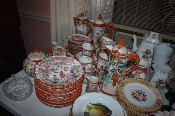 Gorgeous Set of Antique China complete with Coffee and Chocolate Pots with Geisha Girls in Oriental Design, and More!