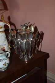 Rare and Gorgeous Antique Silver Mustard Pot with Individual Spoon Holders and Spoons around the rim even the lid is Lovely with Bird Topper!
