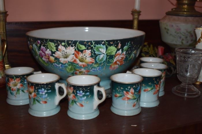 Antique Punch Bowl and Matching Cups