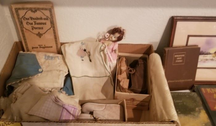 Vintage Baby Deer leather shoes in original boxes, antique linens