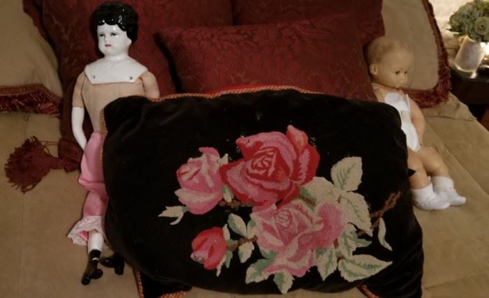 Needlepoint pillow and dolls