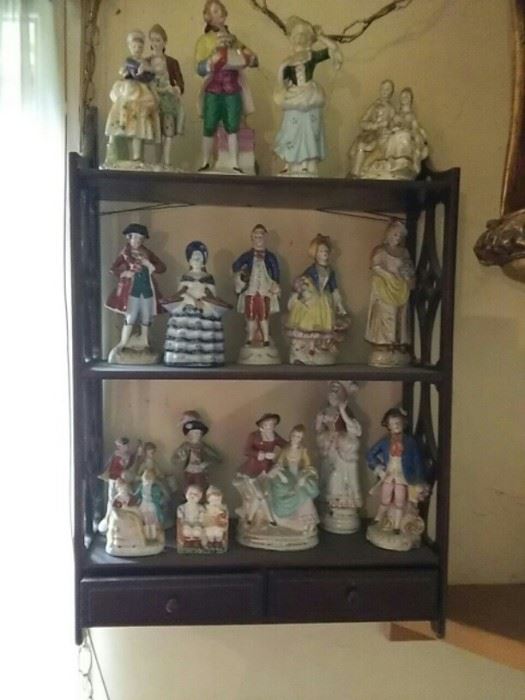 16 Figurines and Two Drawer Shelf