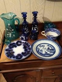 Blue Glass and Pottery