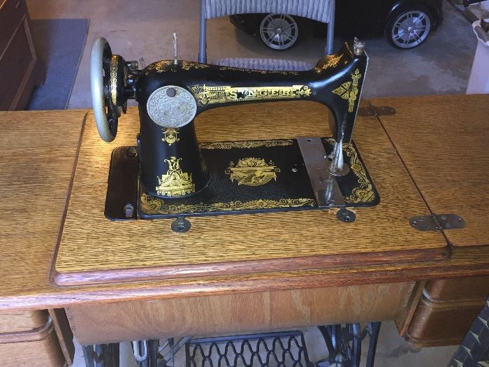 Back view of 1918 Treadle Singer Sewing Machine.