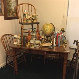 table and chairs, beer steins, etc