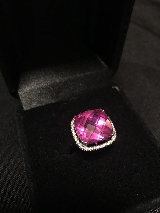 Pink tourmaline with diamond halo set in 14 K gold