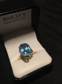 14K Gold blue topaz and diamond ring