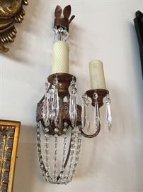 Pair of Niermann Weeks Neapolitan Iron and Crystal Wall Sconces Polychrome Gilt