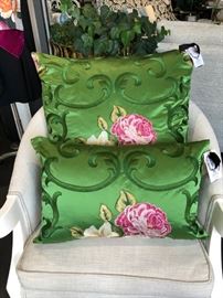 Pair of Designers Guild Custom Made Throw Pillows Embroidered Floral Zippered
