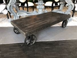 Contemporary Industrial Railroad Factory Cart Style Coffee Table 
