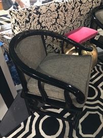 Pair Vintage James Mont Style Black Asian Style Horseshoe Chairs New Upholstery