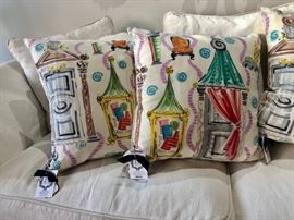 Four Clarence House Fabric Pillows 100% White Duck Feather Fill Kazumi Yashida