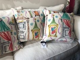 Four Clarence House Fabric Pillows 100% White Duck Feather Fill Kazumi Yashida