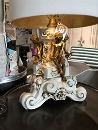 Vintage Hollywood Regency Gilt & Glazed Ceramic Rococo Table Lamp Figural Motif