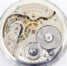 Hamilton 992 Railroad watch - 16 size, 21 j, Adj 5 pos, DR, DMK, GJS, SW, LS, Wadsworth GF, BOC, OF, DSD w/Arabic numerals. Serial #2325197. Some case wear. Winds, sets and running when cataloged.