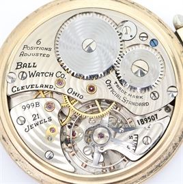 Ball-Hamilton 999B "Official RR Standard" Railroad Watch - 16 size, 21 j, Adj 6 pos, DMK, SW, LS, Keystone "J Boss" Ball "Official Standard" GF, OF, SSD "Official RR Standard" w/Arabic numerals. Serial #1B9507. Some case wear. Winds, sets and running when cataloged.