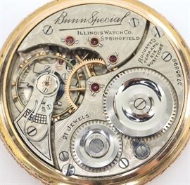 Illinois "Bunn Special" Railroad Watch - 16 size, 21 j, Adj temp & 6 pos, DR, DMK, GJS, SW, LS, Fancy Engraved Star Watch Case Co. GF, OF, DSD w/Arabic numerals. Serial #3796898. Some case wear, hairlines and small repair in dial. Winds, sets and running when cataloged.