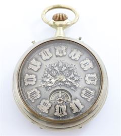 A Swiss pocket watch with incorporated on demand cylinder music box. SW, PS, 65 mm "Silver" OF, Engraved "Silver" dial with visible balance wheel and applied numerals. Serial #955. Some case wear. Winds, and sets roughly but runs and plays correctly when cataloged.