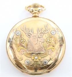 Manistee Watch Co. Pocket Watch - 16 size, 17 j, DMK, SW, LS, Tri color GF case w/Stag's Head, HC, DSD w/Arabic numerals. Serial #0030201. Some case wear, hairlines in dial. Winds, sets and running when cataloged.