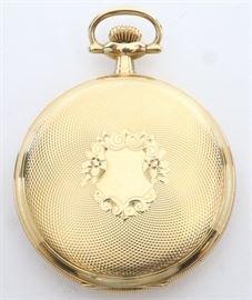 Swiss Private label pocket watch made for "H. J. Howe, Syracuse, N.Y.". Possibly from the Vacheron & Constantin factory. 52 mm, Bridge movement, DMK, KW/SW, LS, Philadelphia 20 yr GF, HC with glass in front cover, SSD w/Arabic numerals. Serial #S7547. Some wear, cut front cover w/crystal. Winds, sets and running when cataloged.