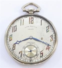 A Gruen 14k Gold Ultra Verithin "Precision" model pocket watch. 40mm, 17 j, Adj temp, SW, PS, 14 k White Gold, OF, Silvered dial with Gold tone Arabic numerals. Serial #549450. 41.1 grams total weight. Some wear and dial corrosion, monogrammed rear cover. Winds, sets and running when cataloged.