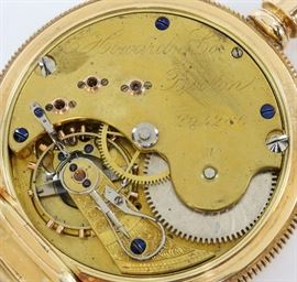 Howard Series VII 14k Gold Pocket Watch - 
E. Howard & Co. Series VII 14k Gold pocket watch. 18 size, 15 j,  SW, PS, Fancy Dueber 14k Yellow Gold, HC, SSD w/Roman numerals. Serial #204286.  136.2 grams total weight.  Minor wear.  Winds, sets and running when cataloged.