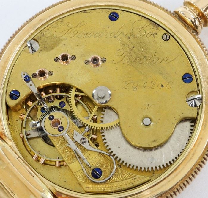 Howard Series VII 14k Gold Pocket Watch -
E. Howard & Co. Series VII 14k Gold pocket watch. 18 size, 15 j, SW, PS, Fancy Dueber 14k Yellow Gold, HC, SSD w/Roman numerals. Serial #204286. 136.2 grams total weight. Minor wear. Winds, sets and running when cataloged.