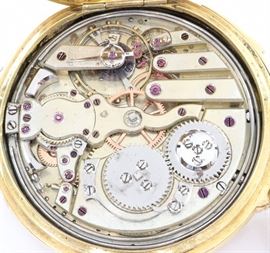 Hamilton 917 "Packard" 14k Gold Pocket Watch -12 size, 17 j, Adj 3 pos, DMK, SW, PS, Hamilton "Wadsworth" 14k Yellow Gold, OF, SSD Champagne dial w/Arabic numerals and "Ask The Man Who Owns One" Packard logo on dial. Serial #X42231.  48.8 grams total weight.  Minor wear.  Winds, sets and running when cataloged.
