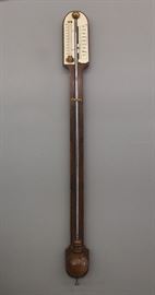 Mercury Stick Barometer -
A 1930's Stick Baromater. Single tube barometer with clluloid indicator dial. Shaped Oakcase with turned lower cover. Old finish with minor wear, minor damage to the lower dial edge, untested. No Shipping - Contains Mercury. 36" high.