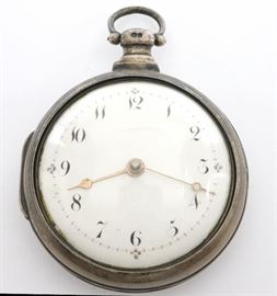 Natt. Olding Silver Pair Case Pocket Watch - An early 19th century Silver pair case pocket watch by Natt. Olding, Wincanton. 53mm, Fusee movement with verge escapement, KW, KS, Silver pair case with hallmarks for Henry Jackson, 1817, Domed porcelain dial w/Arabic numerals. Serial # 970. Minor case wear. Winds, sets and runs momentarily when cataloged.