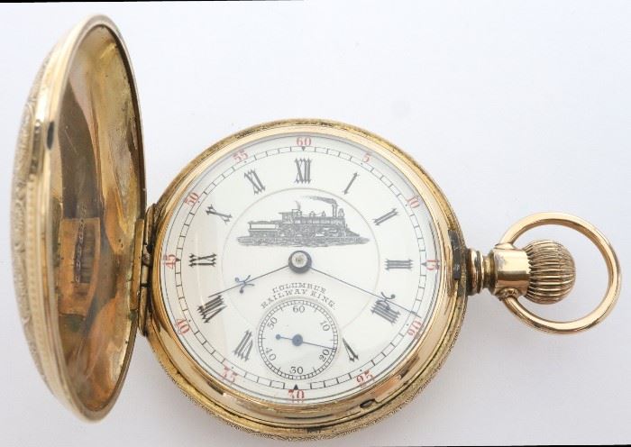 Columbus Watch Co. "Railway King" Pocket Watch - Columbus Watch Co. "Railway King" pocket watch. 18 size, 16 j, Adj, Two-tone DMK, marked "Railway King" on movement, SW, LS, Fancy engraved BWC Co "Granger", GF, HC, DSD w/Roman numerals with Locomotive marked "Columbus Railway King". Serial #224370. Minor wear, monogrammed front cover. Winds, sets and running when cataloged.