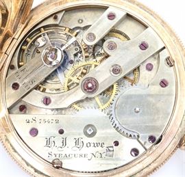 Swiss Private Label Pocket Watch - 
Swiss Private label pocket watch made for "H. J. Howe, Syracuse, N.Y.".  Possibly from the Vacheron & Constantin factory.  52 mm, Bridge movement, DMK, KW/SW, LS, Philadelphia 20 yr GF, HC with glass in front cover, SSD w/Arabic numerals.  Serial #S7547.  Some wear, cut front cover w/crystal.  Winds, sets and running when cataloged.  
