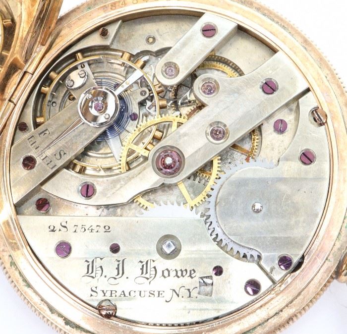 Swiss Private Label Pocket Watch -
Swiss Private label pocket watch made for "H. J. Howe, Syracuse, N.Y.". Possibly from the Vacheron & Constantin factory. 52 mm, Bridge movement, DMK, KW/SW, LS, Philadelphia 20 yr GF, HC with glass in front cover, SSD w/Arabic numerals. Serial #S7547. Some wear, cut front cover w/crystal. Winds, sets and running when cataloged.